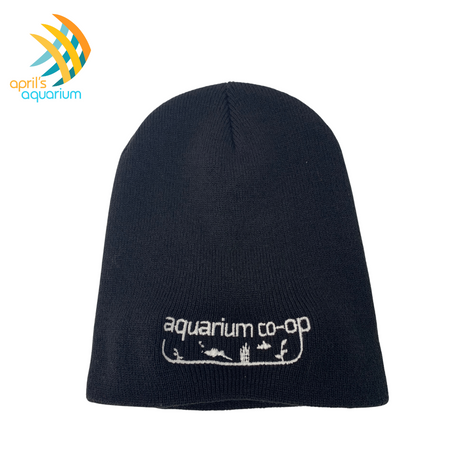 Black beanie featuring a cozy double-layer design and the Aquarium Co-Op emblem stitched in vibrant green on the front