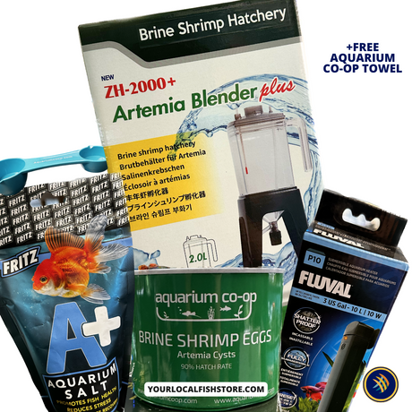 Photo showcasing the Ziss Brine Shrimp Hatchery Complete Bundle. The bundle includes a 100g packet of Brine Shrimp Eggs, a measuring spoon, a 1lb packet of Fritz Aquarium Salt and a Fluval Heater P10, all from Aquarium Co-Op. A complimentary Aquarium Co-Op towel comes with every purchase