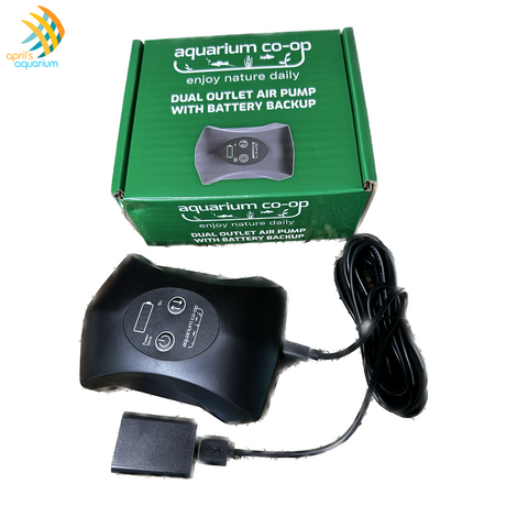 Aquarium Co-Op rechargeable air pump with a sleek design, equipped with a long power cord for flexible placement, in all black with buttons/screen on the top. Duel air outlets