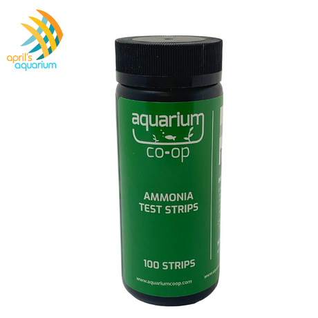 Ammonia Test Strips by Aquarium Co-Op. Container is black with green label, available in packs of 25 or 100. Includes an easy to use, color-coded, laminated comparison card to ensure accurate readings